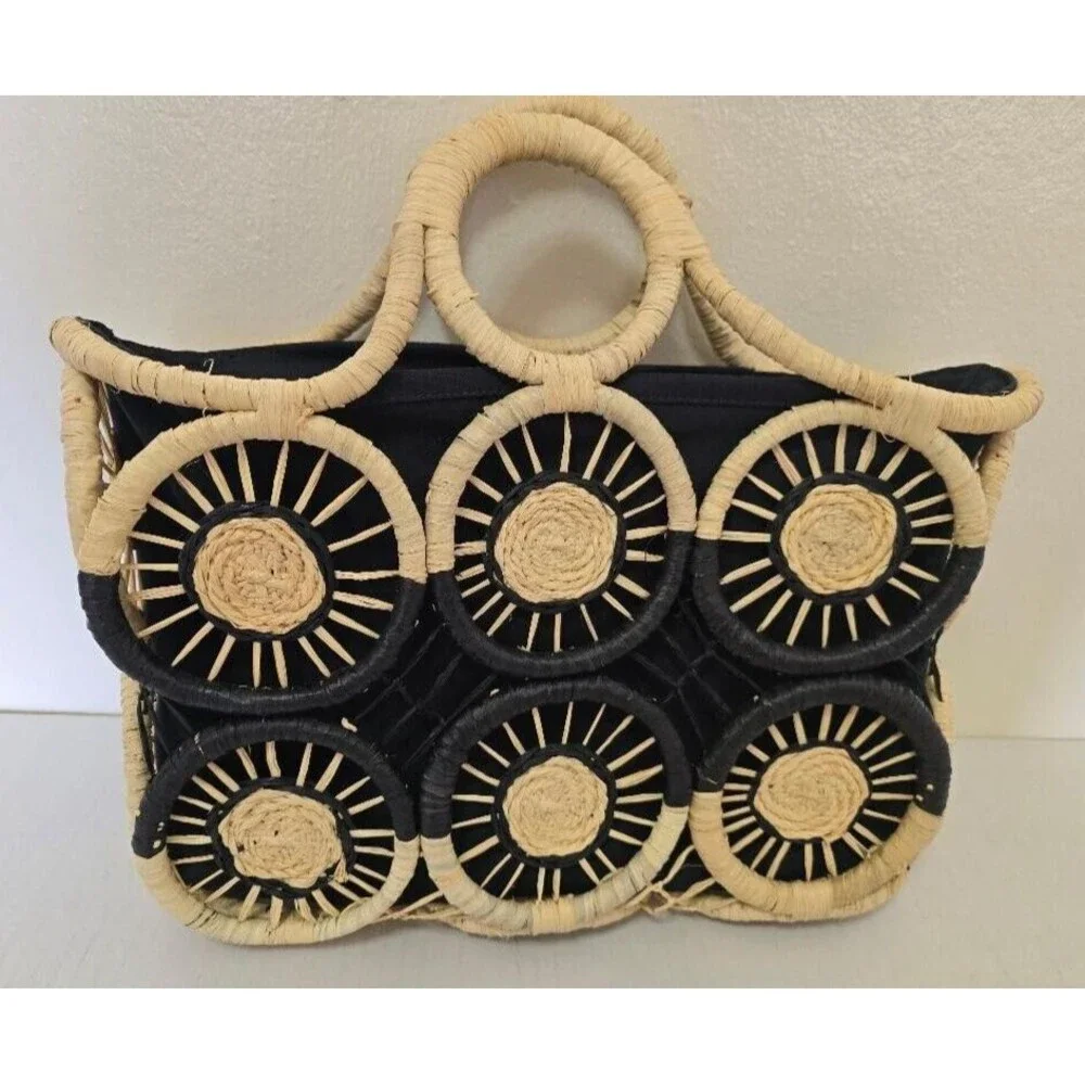 Tommy Bahama Women's Black Tan Medallion Straw Ring Handle Basket Tote B…
